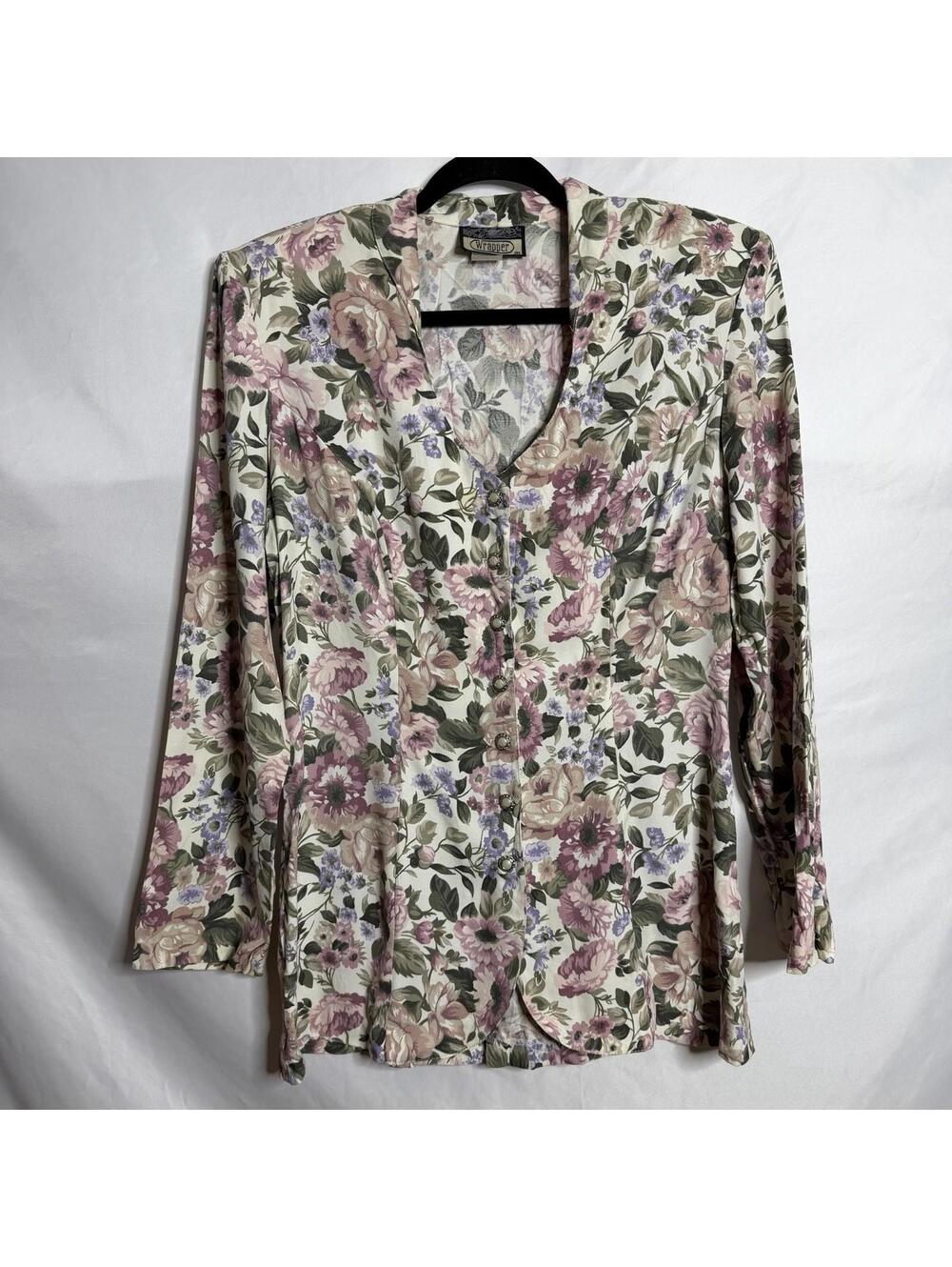 Vintage Wrapper USA Floral Blouse Large Cottagecore Button Front Acetate Rayon 9